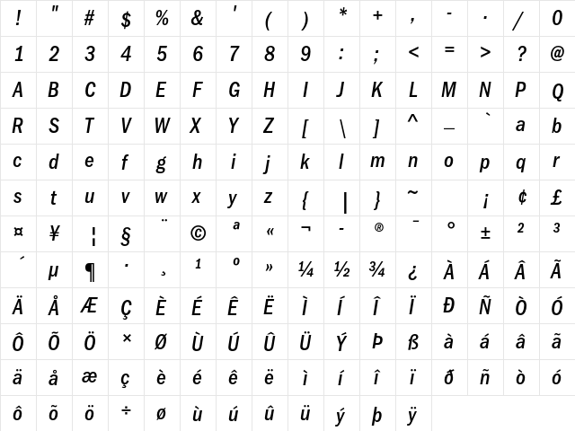 ITC Franklin Gothic Std Medium Condensed Italic  glyph index