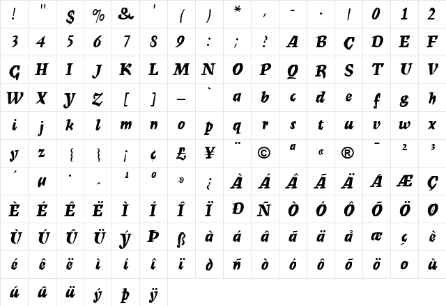 Mercurius MT Regular  glyph index