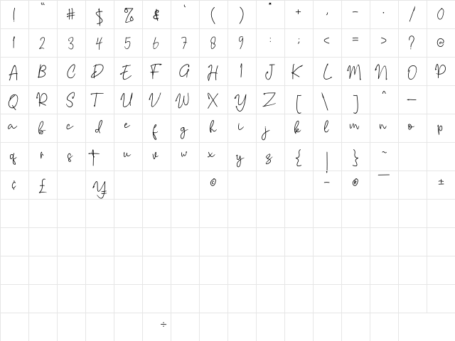 Riujin Palluy Regular  glyph index