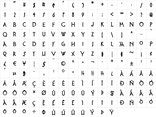 Possum Saltare NF Regular  glyph index