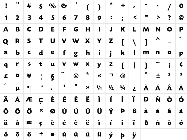 TodaySB-Bold Regular  glyph index