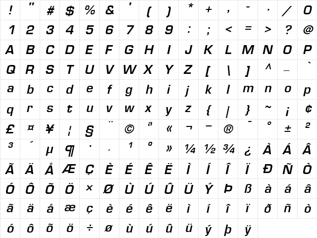 Eurostile-Demi DemiItalic  glyph index