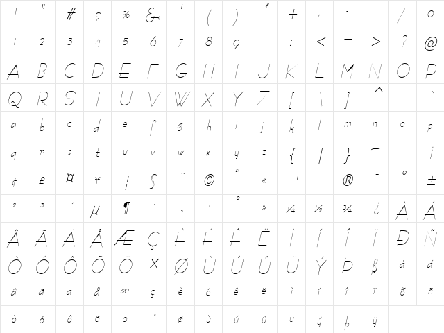 Bernie-Condensed Italic  glyph index