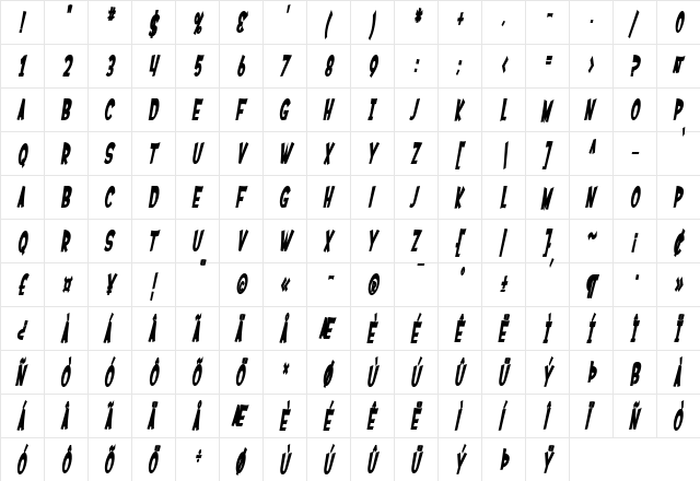 SF Ferretopia Bold Oblique  glyph index