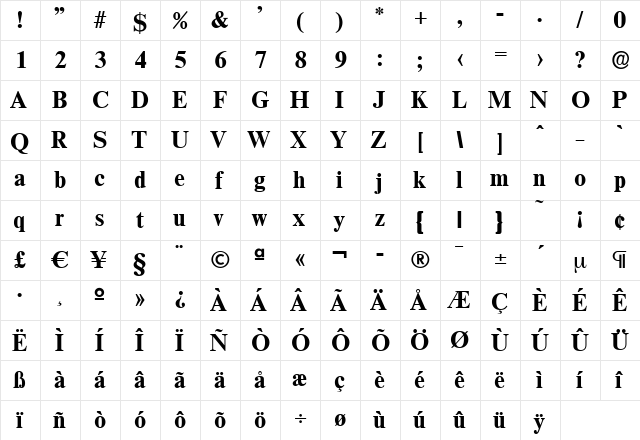 JonasBecker Bold  glyph index