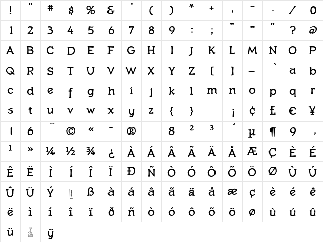 Quasbold Regular  glyph index