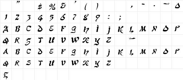 Jean Oblique  glyph index
