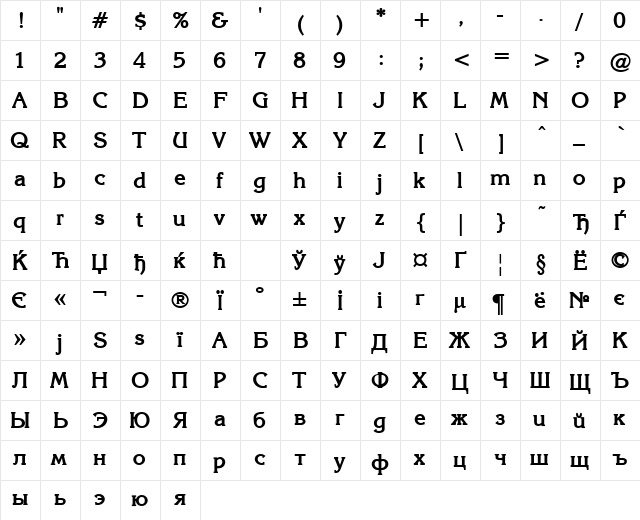 KarinaC Bold  glyph index