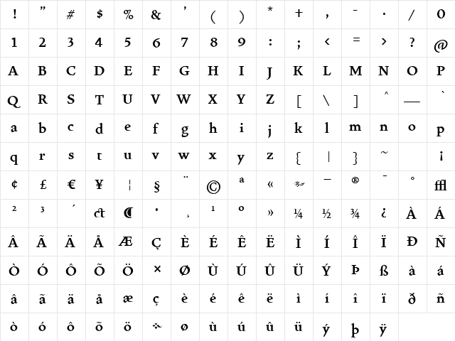 VendettaBoldLiningFigs Bold  glyph index