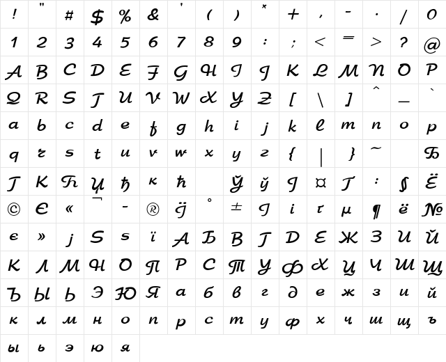 Arbat-Bold Regular  glyph index