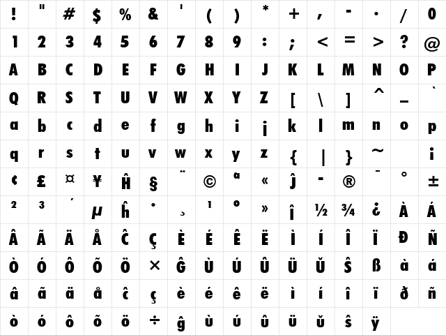 Futura XBlkCn BT Eo Extra Black  glyph index