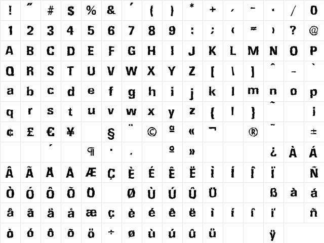 RochesterRandom-Xbold Regular  glyph index