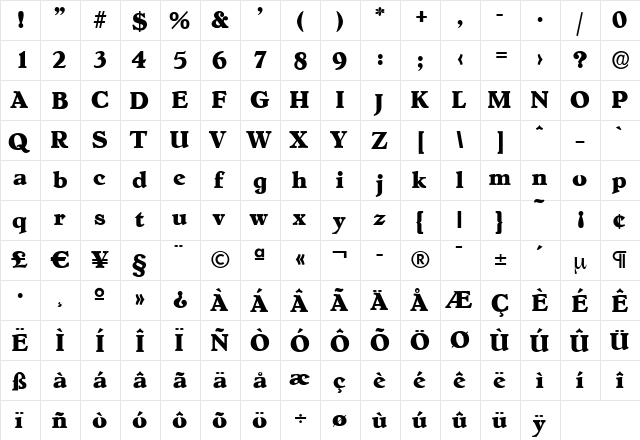 LucasBecker-ExtraBold Regular  glyph index