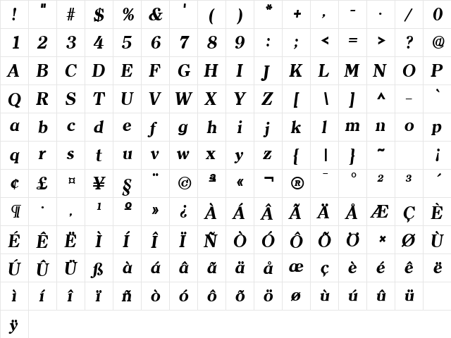 Clarity Serif Heavy SF Bold Italic  glyph index