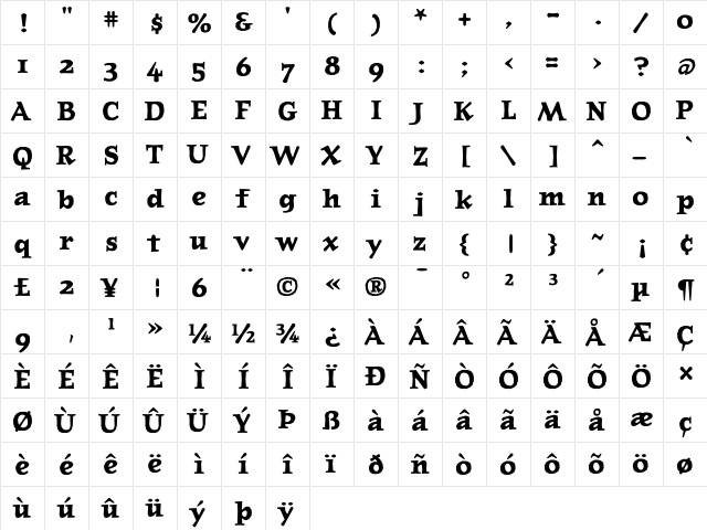 JournalBoldOldstyle Regular  glyph index