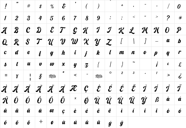 Franky Regular  glyph index