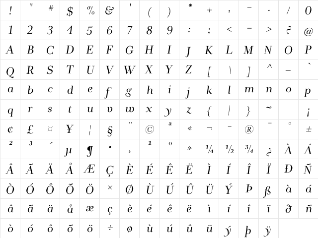 AndradeItalicPro Regular  glyph index