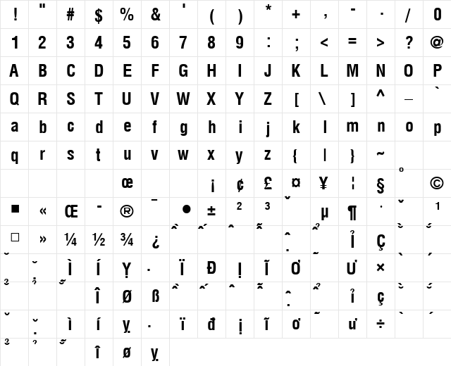 VNI-Helve-Condense Bold  glyph index
