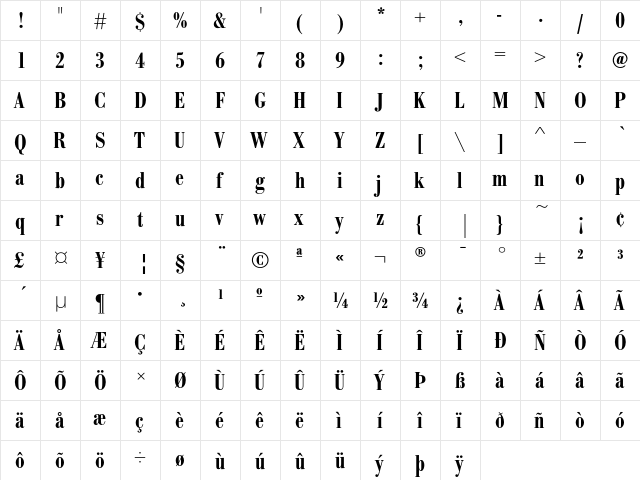 BodoniEF DemiBoldCond  glyph index