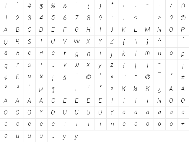 Kalyant Demo Light Oblique  glyph index
