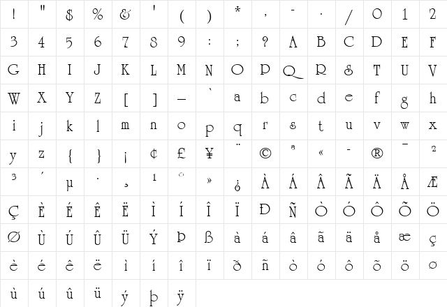 University LT Roman Regular  glyph index
