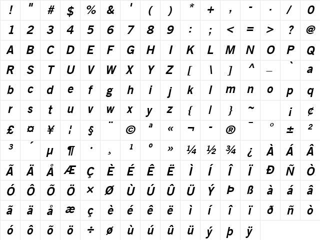 Trade Gothic LT Com Bold No. 2 Oblique  glyph index