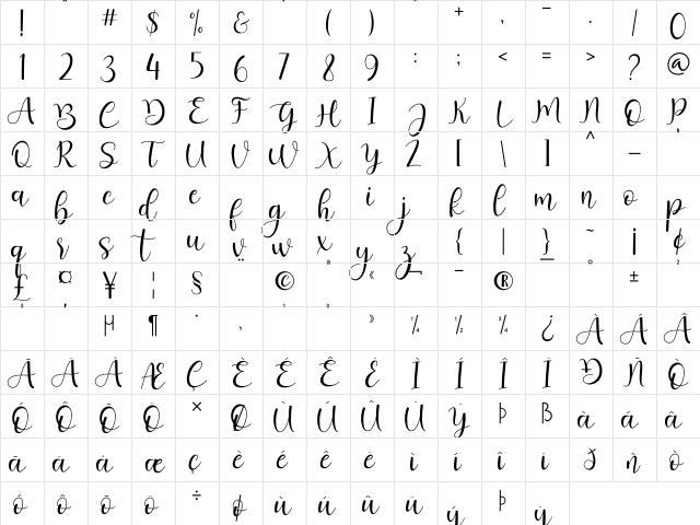 sheyla Regular  glyph index