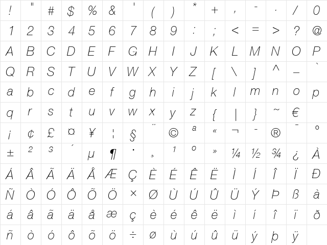 HelveticaNeue LT 36 ThinIt Regular  glyph index