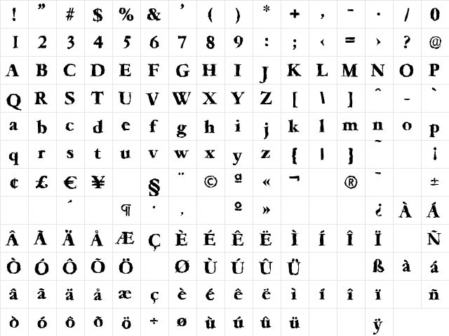 GarfeldRandom-Xbold Regular  glyph index