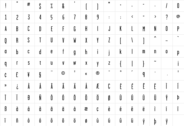Garage Gothic FB Regular  glyph index