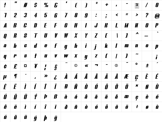 Bluefish STENCIL DEMO Italic  glyph index