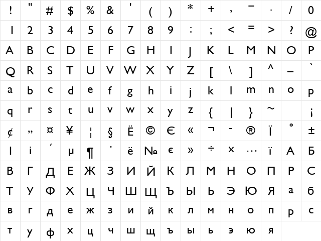 Gals Normal  glyph index