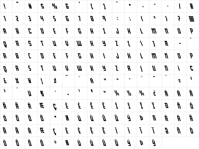 Young Patriot Leftalic Italic  glyph index