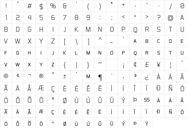 Aero Matics Display Light Regular  glyph index