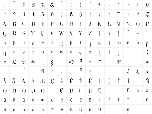 BodoniRandom-Light Regular  glyph index