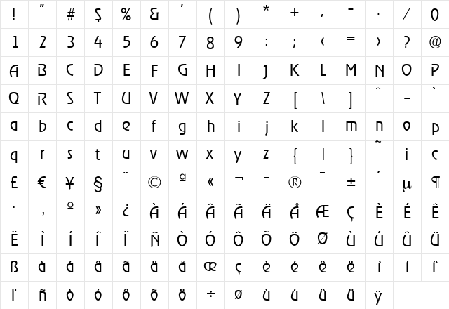 JoeBecker-Light Regular  glyph index