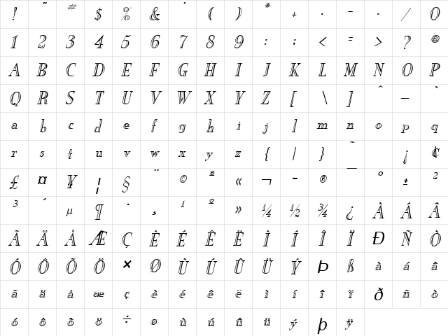New England-Engraved Italic  glyph index