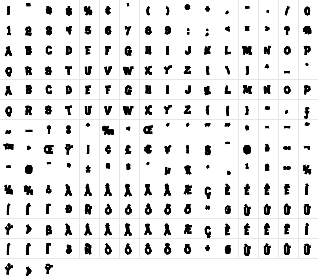 ClunkerAOE Bold  glyph index