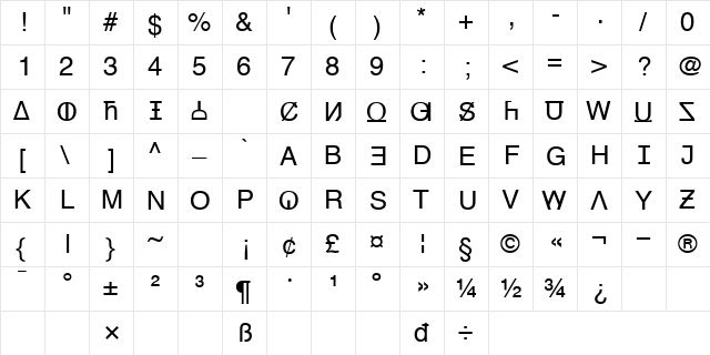 Unifon Regular  glyph index