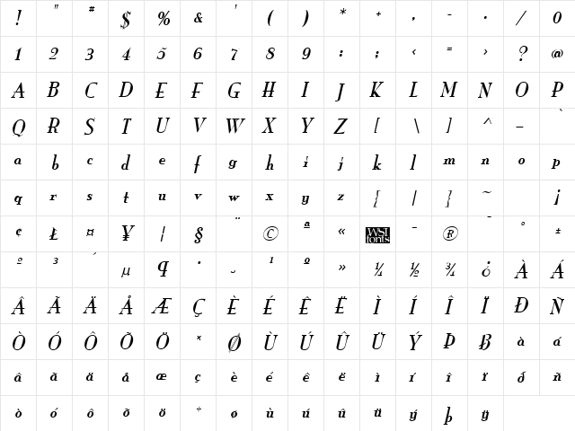 Monarch Italic  glyph index