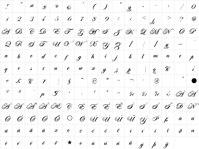 Edwardian Scr ITC TT Bold  glyph index