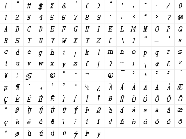 TL Serif Bold Italic  glyph index