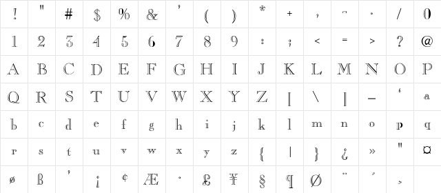 Carlson Open Face Regular  glyph index