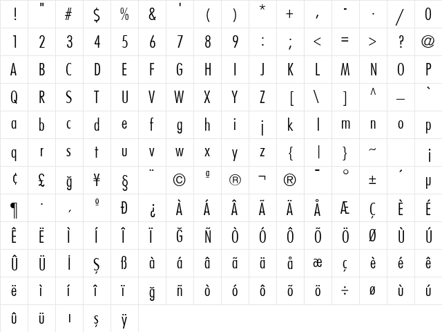 FuturaCondensedLight Regular  glyph index