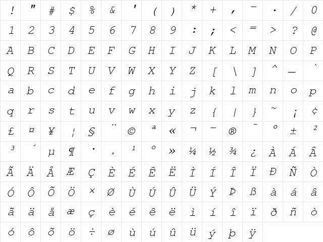 Nimbus Mono L Regular Oblique  glyph index