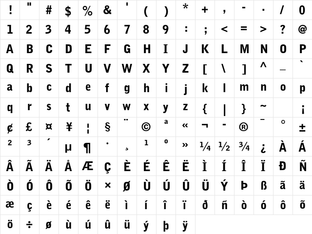 Bell Gothic Std Black  glyph index