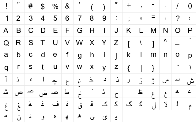 Negah Web Font 02 Regular  glyph index