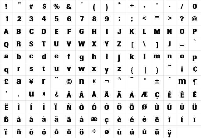 Cartel-ExtBld Regular  glyph index