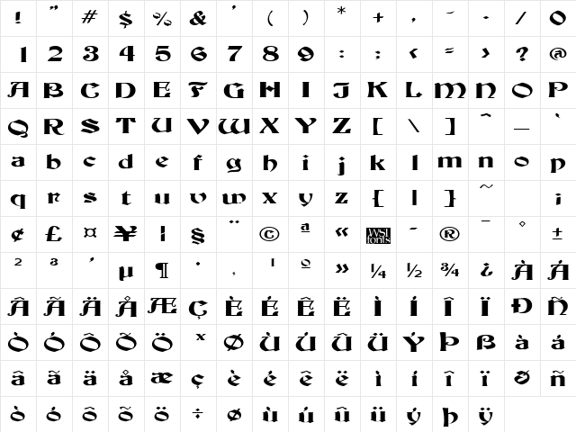 BuckinghamWide Regular  glyph index