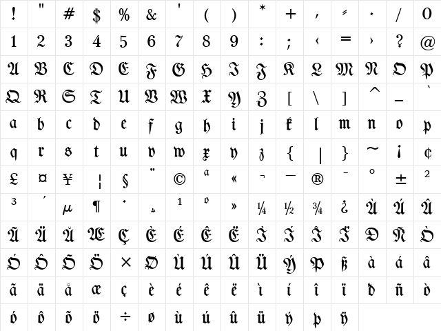 TypographerFrakturUNZ1 Medium  glyph index